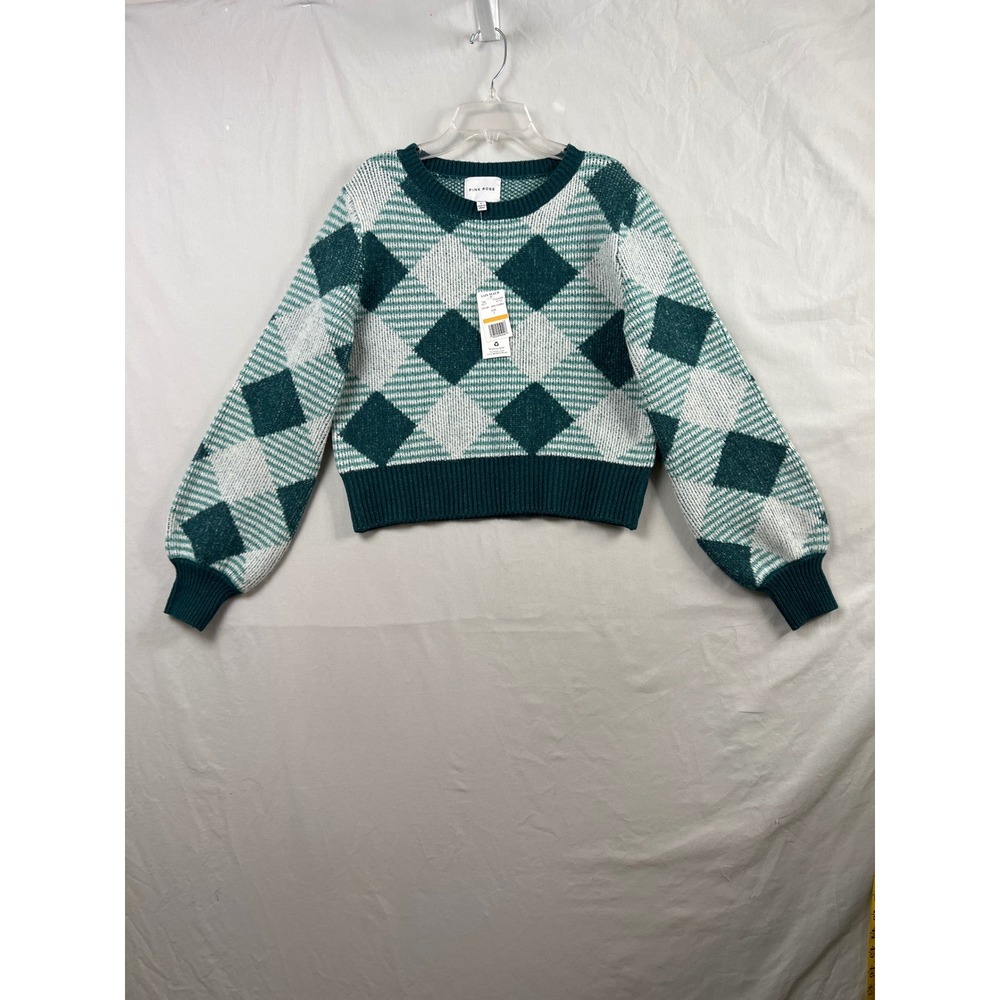 Pink Rose Sweater Women Small 90's Jade Green Argyle Cropped Balloon Sleeve Knit
